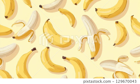 Vibrant banana pattern illustration with various banana shapes on a soft yellow background 129670043