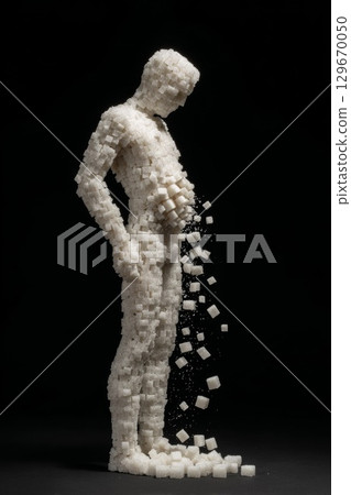 Abstract sculpture of a human figure made from sugar cubes, illustrating the harmful effects of sugar 129670050