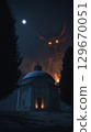 Dark fantasy scene with a looming creature above a mysterious chapel under a full moon 129670051