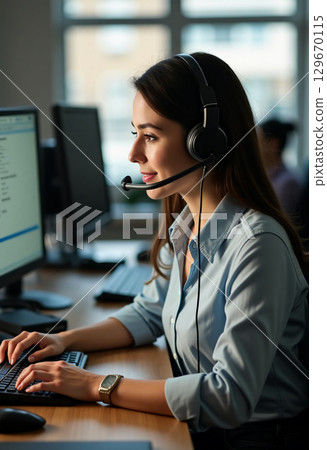 A dedicated professional interacts with customers over the phone, handling inquiries with expertise Generative AI 129670115