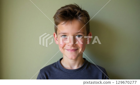 A young boy stands confidently, wearing a simple gray t-shirt and radiating happiness Generative AI A young boy stands confidently, wearing a simple gray t-shirt and radiating happiness Generative AI 129670277