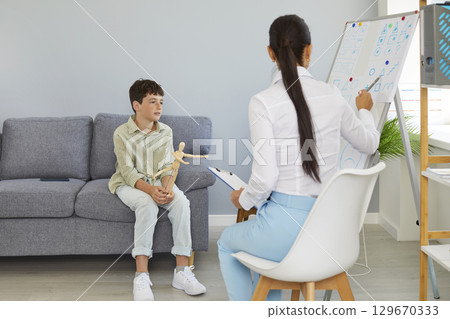 Woman professional psychologist consulting and teaching boy showing him shapes on therapy session. Woman professional psychologist consulting and teaching boy showing him shapes on therapy session. 129670333