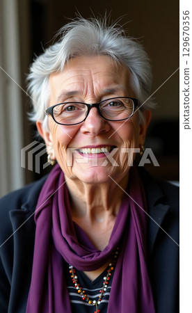 A joyful elderly woman with silver hair and glasses radiates warmth, wearing a purple scarf. Her infectious smile adds cheer to the inviting indoor atmosphere filled with natural light Generative AI 129670356