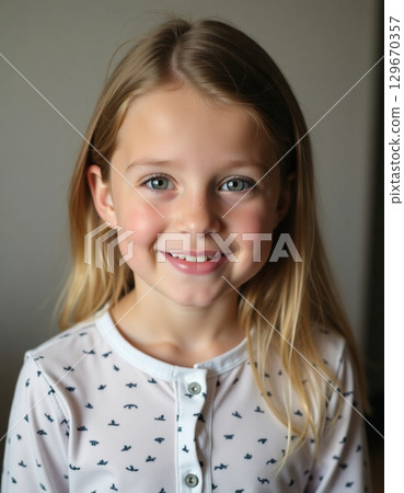 A delightful young girl radiates joy with her bright smile and sparkling eyes in a warm indoor atmosphere, capturing a perfect moment of childhood bliss Generative AI 129670357