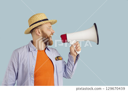 Portrait of a Man Shouting into a Megaphone and Making an Announcement Portrait of a Man Shouting into a Megaphone and Making an Announcement 129670439