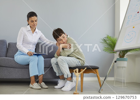 School psychologist talking to unhappy, depressed little child about his problems 129670753