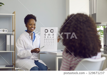 Happy, beautiful, dark-skinned young doctor woman ophthalmologist shows symbols to check the vision of little curly-haired girl. Happy, beautiful, dark-skinned young doctor woman ophthalmologist shows symbols to check the vision of little curly-haired girl. 129671237