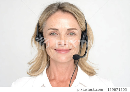 middle aged woman, businesswoman, customer support representative wearing a headset.deal for banking apps, tech platforms, and business presentations. 129671303