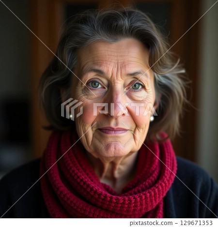 A woman with silver hair is wearing a cozy red scarf, exuding warmth and sincerity as she gazes directly at the camera. Her gentle smile reflects years of stories and experiences Generative AI 129671353