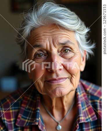 A senior woman smiles gently, showcasing her silver hair and warm expression. Dressed in a plaid shirt, she radiates wisdom and a sense of comfort in a softly lit room Generative AI 129671553