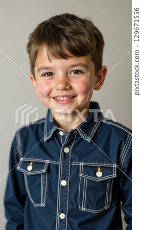 A cheerful young boy beams with excitement, wearing a stylish denim shirt with buttons Generative AI 129671556