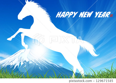 New Year's card template with cows, grassland, white clouds and blue sky New Year's card template with cows, grassland, white clouds and blue sky 129671585