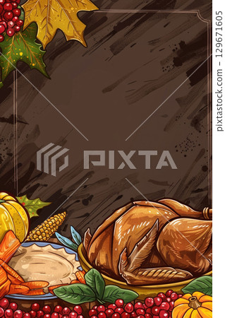 A festive Thanksgiving Day scene featuring a roasted turkey, pumpkin pie, corn, and autumn leaves. dark background, watercolor illustration, vertical banner, copy space, free space for text 129671605
