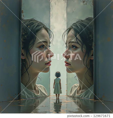 A little girl before entering the unknown. A little girl stands in front of a huge open doorway with two female faces, her back to the viewer, and light falls from the doorway onto the floor covered w 129671671