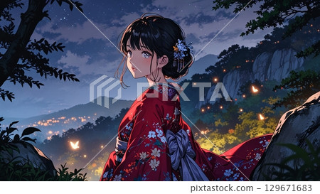 A woman in a kimono illuminated by a fleeting light 129671683