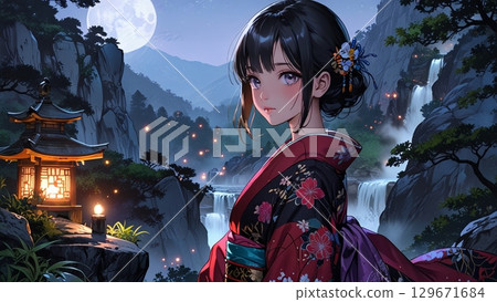 A woman in a kimono illuminated by a fleeting light 129671684