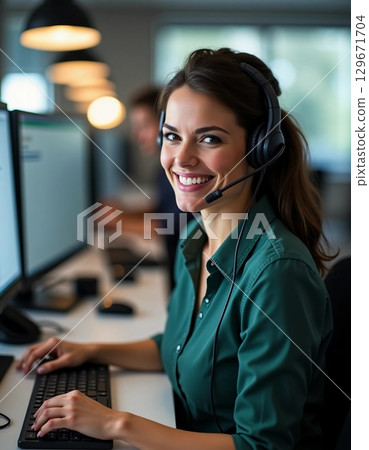 A cheerful young woman wearing a headset provides assistance to customers while seated at a sleek desk in a bright and open office Generative AI A cheerful young woman wearing a headset provides assistance to customers while seated at a sleek desk in a bright and open office Generative AI 129671704