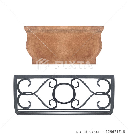 Terracotta flower pot and ornate black wrought iron holder. Watercolor balcony planter set isolated on white. Ideal for garden scene, rustic decor, floral arrangement in vintage Mediterranean designs Terracotta flower pot and ornate black wrought iron holder. Watercolor balcony planter set isolated on white. Ideal for garden scene, rustic decor, floral arrangement in vintage Mediterranean designs 129671748