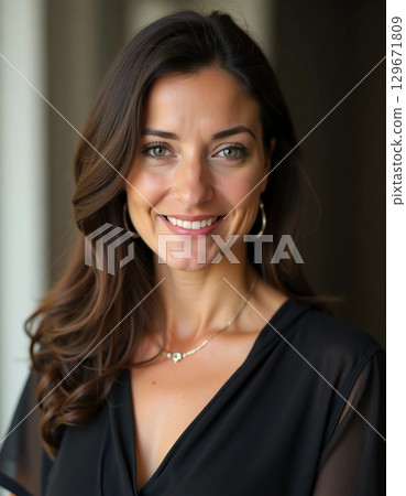 A woman with wavy brown hair and captivating green eyes stands poised, flashing a friendly smile. Dressed in a stylish black top, she exudes warmth and elegance, radiating confidence Generative AI A woman with wavy brown hair and captivating green eyes stands poised, flashing a friendly smile. Dressed in a stylish black top, she exudes warmth and elegance, radiating confidence Generative AI 129671809