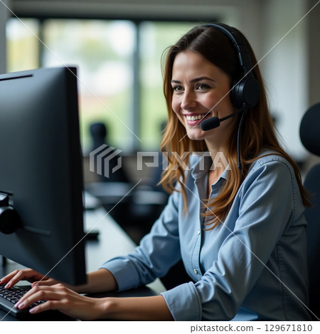 A friendly young professional is focused on her computer, wearing a headset as she communicates effectively with clients Generative AI A friendly young professional is focused on her computer, wearing a headset as she communicates effectively with clients Generative AI 129671810