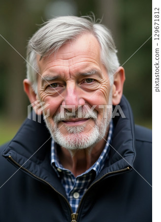 A cheerful elderly man with gray hair and a beard stands outdoors, radiating warmth with a genuine smile Generative AI A cheerful elderly man with gray hair and a beard stands outdoors, radiating warmth with a genuine smile Generative AI 129671812