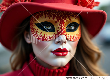 A captivating performer dressed in rich red and gold radiates charm with a detailed mask and theatrical makeup, embodying the spirit of celebration at a lively festival Generative AI 129671813