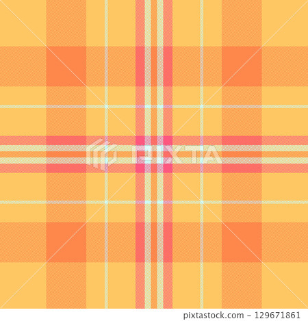 Throw check vector texture, short plaid tartan pattern. Wide seamless textile fabric background in amber and orange colors. Throw check vector texture, short plaid tartan pattern. Wide seamless textile fabric background in amber and orange colors. 129671861