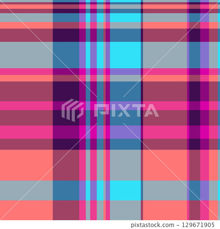 Colorful tartan pattern with intersecting lines in shades of pink, blue, purple and gray. Perfect for backgrounds, textiles or fashion design concepts. 129671905