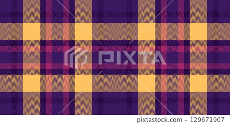 Packaging pattern fabric check, merry christmas textile tartan vector. Shop plaid seamless texture background in violet and amber colors. 129671907