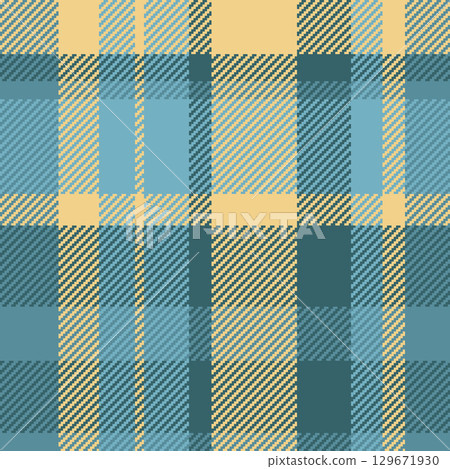 Holiday pattern plaid check, tweed fabric background textile. Comfortable vector seamless tartan texture in cyan and amber colors. 129671930