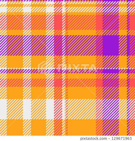 Colorful plaid pattern with orange, purple, coral, and white hues. Textile design with a retro feel, perfect for backgrounds or graphic elements. Warm, vibrant aesthetic. 129671963