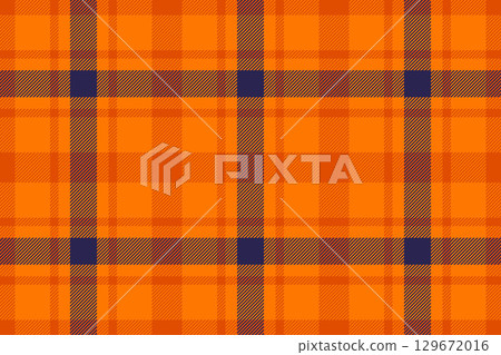 Vibrant orange plaid pattern with brown and navy accents. Seamless, versatile design ideal for autumn themes, textiles, backgrounds, and stylish designs. 129672016