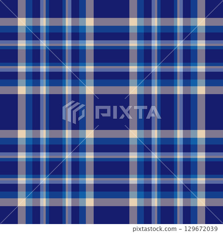 Classic plaid pattern with navy, blue, and beige hues. Timeless tartan design, perfect for backgrounds, textiles, and graphic design projects. Versatile  stylish. 129672039