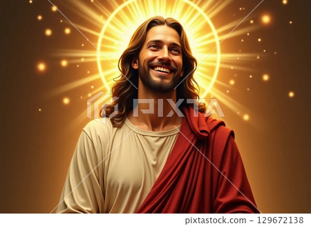A serene figure radiates warmth and joy, dressed in simple robes while bathed in a golden halo Generative AI 129672138