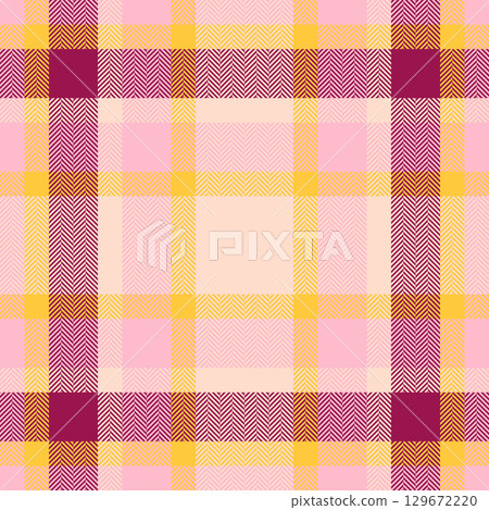 Seamless tartan pattern. Soft pink, yellow, and burgundy hues create a classic plaid design. Ideal for textile prints, backgrounds, or digital art projects. 129672220