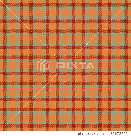 Warm, cozy textile pattern featuring intersecting lines in shades of orange, brown, and teal. Rustic design perfect for backgrounds, apparel, and autumnal themes. 129672261