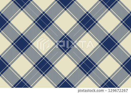 Classic plaid pattern in navy and cream. Timeless textile design, perfect for backgrounds, apparel, crafts, and digital projects needing a traditional touch. 129672267