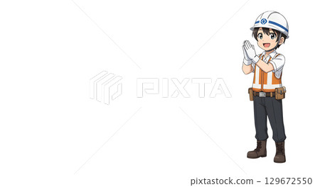 Builders dressed in protective vests and helmets. Construction worker character. Cartoon illustration. 129672550