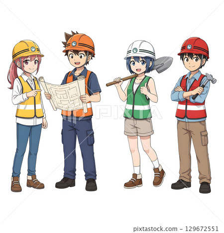 Builders dressed in protective vests and helmets. Construction worker character. Cartoon illustration. 129672551