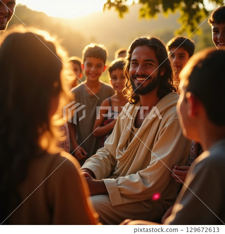 Children surround a smiling man in simple attire as the sun sets in the background. They share joyful moments filled with laughter, creating a bond of warmth and connection Generative AI 129672613