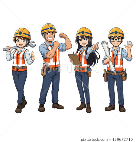 Builders dressed in protective vests and helmets. Construction worker character. Cartoon illustration. Builders dressed in protective vests and helmets. Construction worker character. Cartoon illustration. 129672710