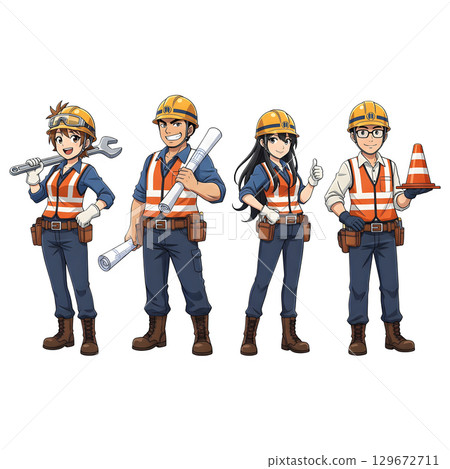 Builders dressed in protective vests and helmets. Construction worker character. Cartoon illustration. 129672711