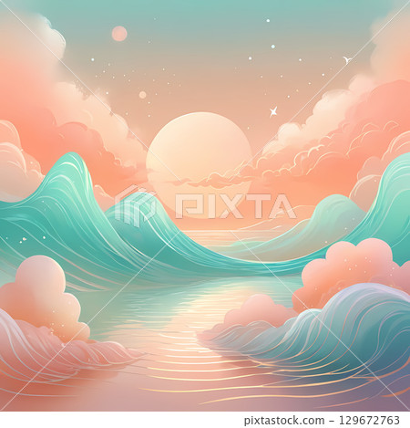Soft waves rise and fall in a tranquil ocean as a large, glowing sun dips below the horizon. Swirls of pastel colors fill the sky and clouds, creating a serene atmosphere at dusk Generative AI 129672763