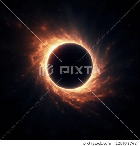 A magnificent solar eclipse unfolds in the vast darkness of space, where brilliant fiery rings of light envelop a mysterious, obscured sun. The cosmic spectacle inspires awe and wonder Generative AI 129672768