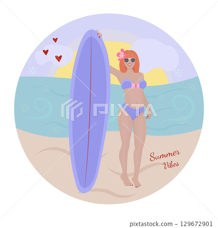 Redhead woman with a sailboard colorful illustration 129672901