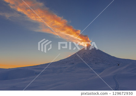 At summit of volcano's explosive eruption, ash column rose up to many km upward, extending ash emission for tens of km from volcano. Volcanic activity could affect international, low-flying aircraft 129672930
