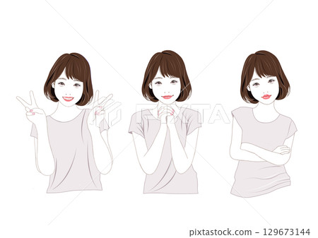 女孩的三種臉部表情 129673144
