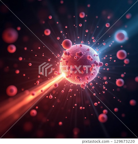 A captivating array of colorful particles radiates from a central sphere, embodying the essence of energy and matter in an endless cosmic swirl, igniting curiosity and wonder Generative AI 129673220