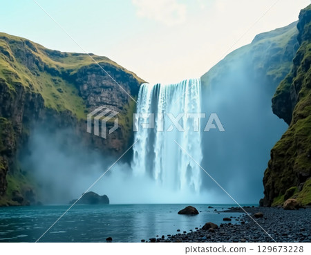 A breathtaking waterfall pours down from towering cliffs, creating a misty spray that catches the early morning light, while the serene pool reflects the vibrant greens around it Generative AI 129673228