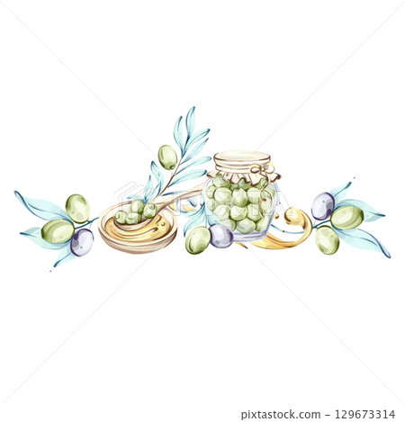 Exploring the beauty of olives and olive oil through watercolor illustrations frame, border, arrangement Exploring the beauty of olives and olive oil through watercolor illustrations frame, border, arrangement 129673314